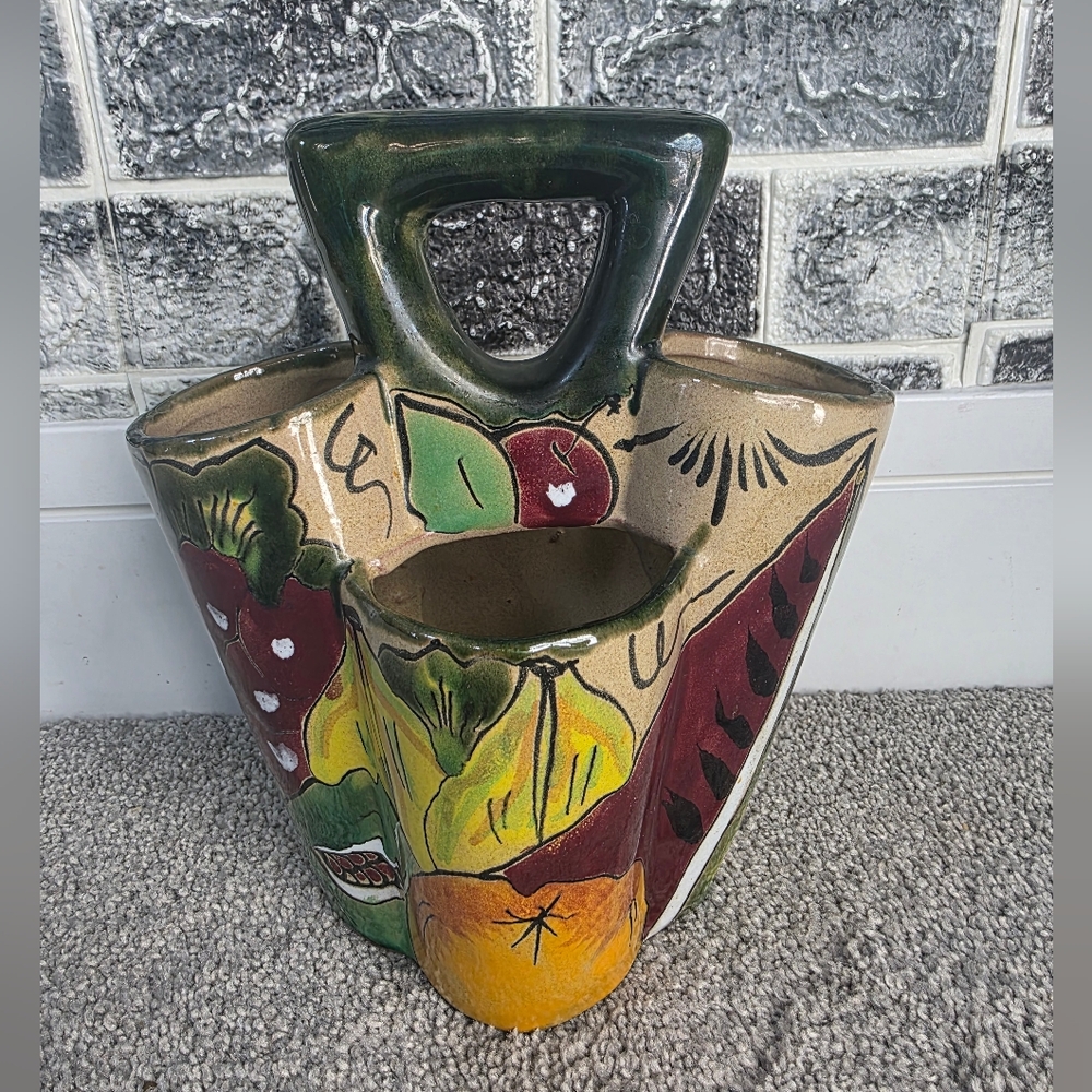 Vtg Artistic Made In Mexico Utensil  Ceramic Holder Vase with Multicolor Design